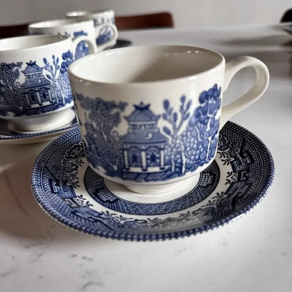 Vintage Churchill Blue Willow Tea Cups Saucers Set of 4 Georgian Shape Flat Eng